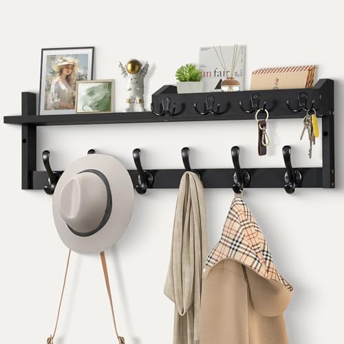 Coat Rack Wall Mount with Shelf, 27.5" Entryway Wall Hanging Shelf, Coat and Key Hanger with 10 Dual Hooks, Mail Organizer and Key Holder Hat Rack for Wall, Wood Coat Hooks with Storage - color: Black
