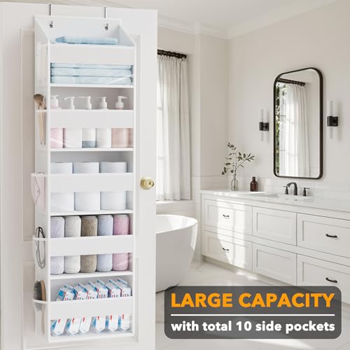 SpaceAid 1 Pack Over The Door Organizer with 5 Large Pockets and 10 Mesh Side Pockets, 5 Layers Door Organizer Hanging with Clear Window for Bedroom, Bathroom, Pantry and Nursery, White - color: White, size: 1 Pack