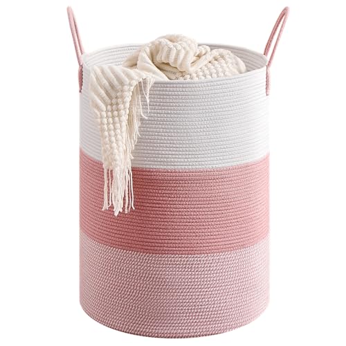 CLHMILY&Z 100L Laundry Basket Round Storage Rope Basket - 18.1x24 Inches - Pink Hamper in Bedreoom and Cute Storage Bin for Blankets, Toys, and Nursery Essentials - color: Pink & White, size: 100L
