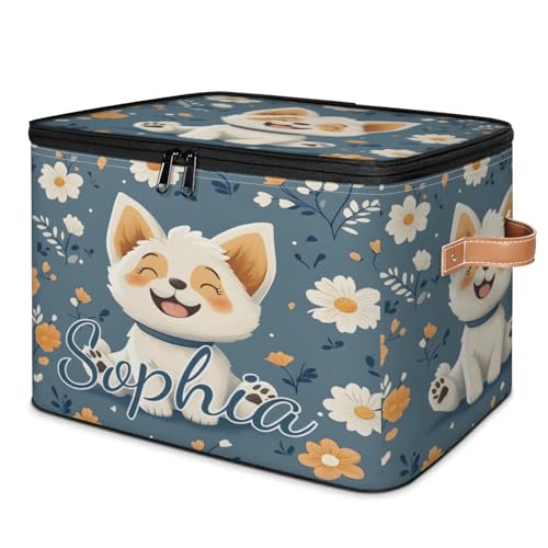 Custom Storage Basket with Name, Personalized Storage Bins with Zipper Lid, Foldable Fabric Storage Box Large capacity with Handle Flower Dog - color: Option 11