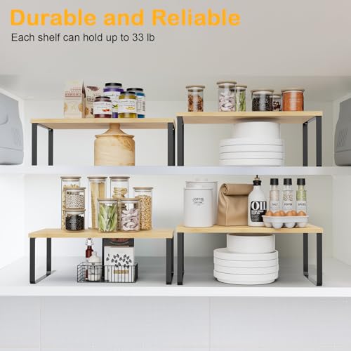 OGEMXU Cabinet Shelf Organizers, 15.7 inches Large Kitchen Counter Shelf, Set of 4 Wood Kitchen Pantry Organizer, Storage Shelves for Countertop, Spice Rack, Stackable, Expandable, Metal Black, Nature - color: Black and Natural Beige, size: 4pcs 7.8" D x
