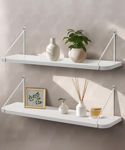 Afuly White Floating Shelves, 24 inch Long Shelves for Wall, Hanging Storage Shelf for Kitchen Bedroom Living Room, Wood Chic Wall Decor, Set of 2 - color: White, size: 5.9"D x 24"W