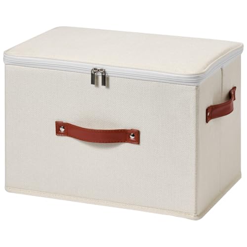 Storage Bin Box with Zippered Lid Cotton Linen Fabric Decorative Basket with PU Leather Handles PP Plastic Board Foldable Lidded Clothing Shelf Closet Organizer Container (Beige, Large) - color: Beige, size: Large ( Pack of 1 )