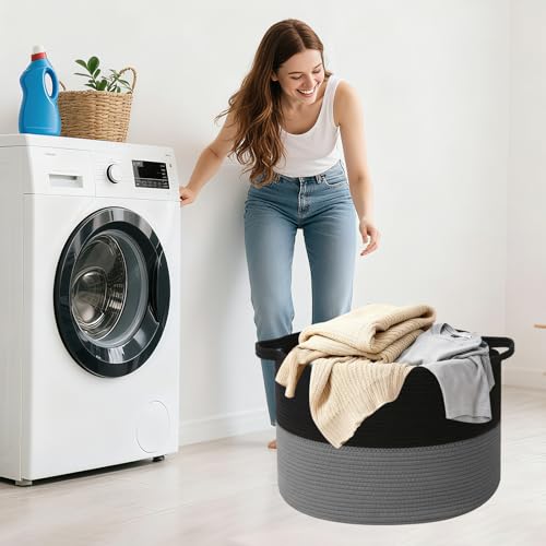 115L Large Blanket Basket,Woven Rope Laundry Basket Hamper with Handles, Decorative Nursery Basket Storage Bin for Toys, Clothes Organizer, Living Room, Bedroom, Bathroom, Black&Dark Grey - color: Black&Dark Grey, size: 23.6"L x 23.6"W x 15.7"H(115L)