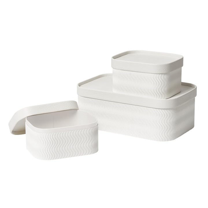 LA JOLIE MUSE Fluted Cardboard Storage Baskets with Leather-Like Lids, Paper Boxes Decorative Tray, Modern Basket Organizer Bins for Organizing,Eggshell White - color: Eggshell White