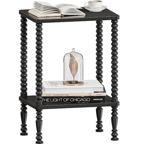 Side Table, 2-Tier Wood End Table, Vintage Bedside Nightstand with Open Storage Shelf for Living Room, Bedroom, Office, Black - color: Black, size: 2-Tier
