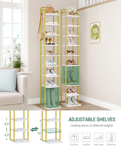 Hzuaneri 10 Tiers Vertical Shoe Rack, Narrow Shoe Tower, Tall Shoes Shelf with 2 Hooks, Adjustable Shelves, Corner Shoes Shelves for Small Spaces, Entryway, Living Room, White Gold SR11213A - color: White Gold, size: 10 Tier(11.8"D x 10.4"W x 67.3"H)