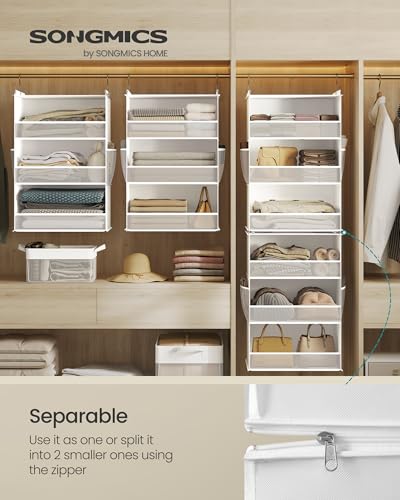 SONGMICS Hanging Closet Organizer, 6-Tier Fabric Storage Shelf, Separable Closet Hanging Shelf with Side Pockets, Foldable, Metal Hooks and Bamboo Inserts, Cloud White URCH007W01 - color: Cloud White, size: 1 Pack