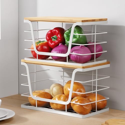 ALOCEO 2 Pack Potato and Onion Storage Bins, Large Trash Bag Holder Under Sink with Bamboo Top, Stainless Steel Pantry Organizers Storage, Kitchen Counter, White - color: 2-pack - Xl&l White