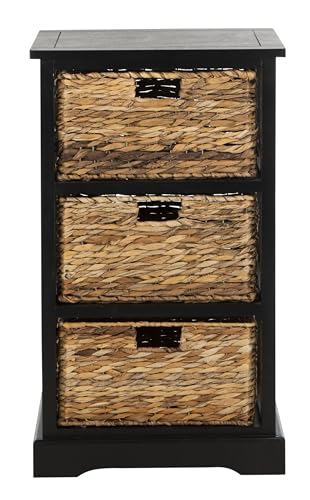 SAFAVIEH Home Collection – Halle Distressed Black Storage Side Table with Wicker Baskets, Farmhouse Accent Storage, Fully Assembled (AMH5738A) - color: Distressed Black