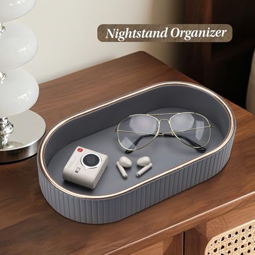 GORESE PU Leather Valet Tray Perfume Organizer, Oval Jewelry Trays Nightstand Organizer Key Bowl Trinket Dish for Dresser Bedside, Vanity Tray for Bathroom, EDC Trays for Men Women, 11×5.9 in, Gray - color: Light Gray