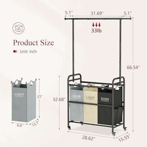 Tajsoon Laundry Sorter Cart with Hanging Clothes Rack, 3 Butler Sorter Basket Organizer, Laundry Hamper Cart with Heavy Duty Rolling Lockable Wheels, 3 Colors - color: 3 Colors, size: 3 bag