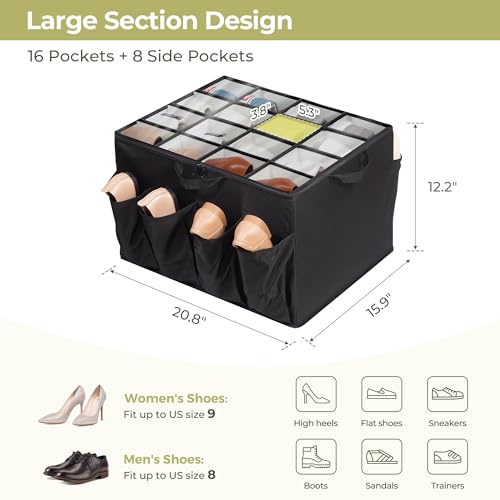 Shoe Organizer for Closet, Shoe Storage Solution with Clear Cover & Adjustable Dividers, Fabric Shoe Box Fits 16 +8 Pairs Shoes, Black, 2-Pack - color: Black, size: 2 Pack Medium