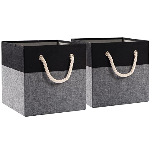 PRANDOM Large Foldable Cube Storage Bins 11x11 inch [2-Pack] Fabric Linen Storage Baskets Cubes Drawer with Cotton Handles Organizer for Shelves Nursery Closet Bedroom Black - color: Black, size: 11x11 inch(2-Pack)