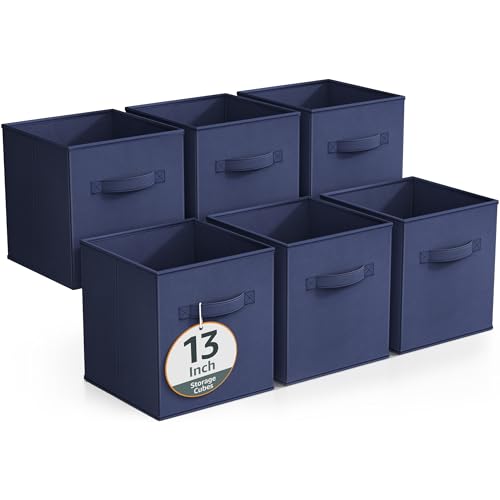 Sorbus Fabric Storage Cubes - 6 Foldable Storage Bins for Organizing Pantry, Cubbies, Toy Box - Clothes Storage & Closet Organizer - 13 Inch Collapsible Cube Baskets for Shelves with Handle - color: Navy Blue, size: 13 Inch