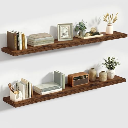 Vivelove 10 Inch Deep Floating Shelves 48 inch Long, 47.2 x 10 Wide Wall Shelves with Invisible Brackets, for Bedroom Bathroom Living Room Kitchen Office, Farmhouse Home Decor, Set of 2, Rustic Brown - color: Rustic Brown, size: 47.2”Wx10.2”Dx1.5”H