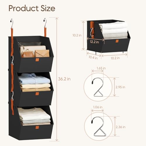 Homsorout Collapsible Hanging Closet Organizer - 3 Tier Closet Shelves Storage System with Hooks, Fabric Hanging Storage Bins for Clothes, Foldable Storage Basket for Laundry, Bedroom, Rv, Black - color: Black, size: 3 shelves