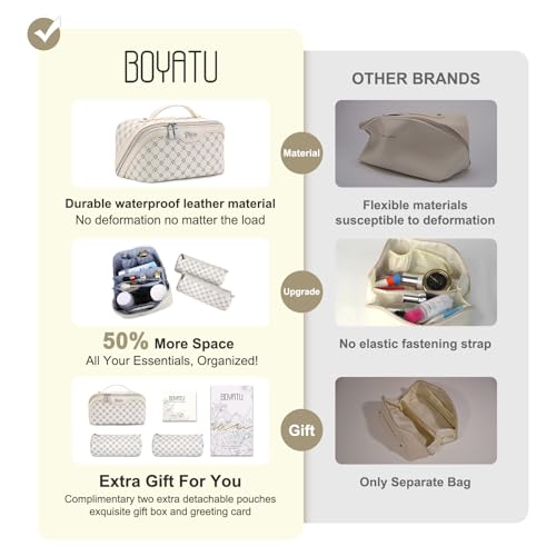 BOYATU Travel Makeup Bag Cosmetic Bags for Women: 3 Pcs Set Large Capacity Make up Bag with Handle - Vegan Leather Toiletry Bags with Compartments - Makeup Organizer for Travel Essentials(A-8-White) - color: A-8-White