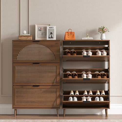 BORNOON Shoe Cabinet for Entryway with 3 Flip Drawers, Slim Wooden Shoe Storage Organizer with Modern Fluted Pannel，Freestanding Narrow Hidden Shoe Rack for Hallway, Foyer, Living Room - color: Walnut, size: 3 Flip Drawers