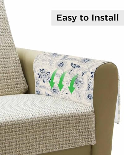 Sofa Armrest Organizer Bedside Caddy, Vintage Blue Floral Non Slip Couch Remote Control Holder for Recliner, Rustic Abstract Flower Burlap Arm Chair Caddy with Pocket for Magazine Phone, 13"x35" - color: Navy, size: 13x35 in