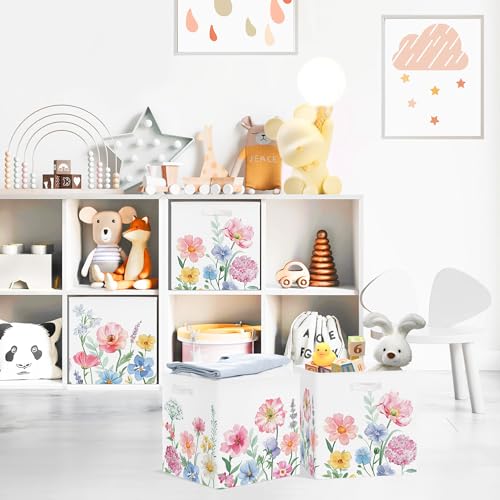 Clastyle Flowers Storage Cube Organizer Set Handle Closet Clothes Cube with Metal Frame Foldable Parents Organizer Storage Basket for Book Toy,Watercolour,11.8x11.8x11.8 in - color: Watercolour