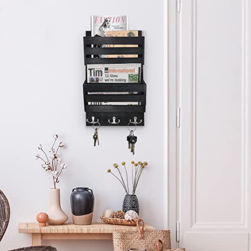Unistyle Rustic Mail Organizer Wall Mount with 4 Key Hooks,Mail Holder Wall Mounted，Hanging Mail Organizer,Letter Holder for Wall,Key Hanger for Letter, Magazines, Keys, Dog Leashes - color: Black