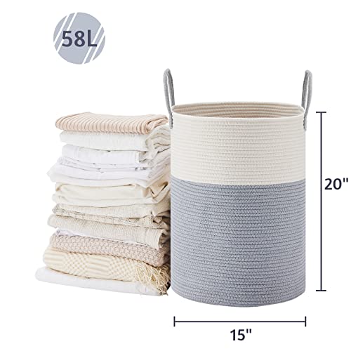 VIPOSCO Large Laundry Hamper, Tall Woven Rope Storage Basket for Blanket, Toys, Dirty Clothes in Living Room, Bathroom, Bedroom - 58L Grey & White - color: Grey, size: 58L