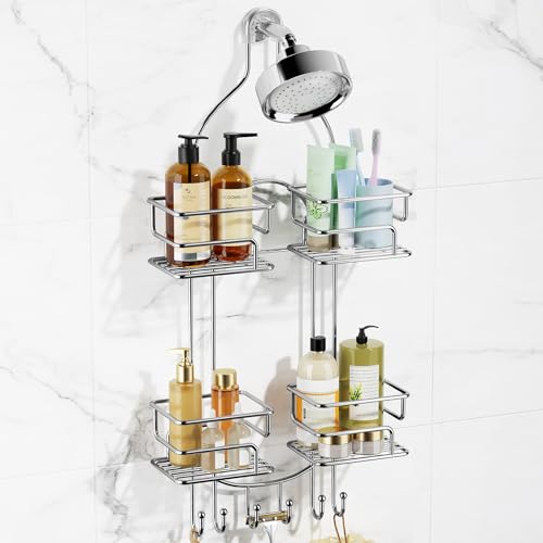 SRIWATANA Shower Caddy Organizer Hanging Over Head, Bathroom Shower Rack Hanger with Hooks for Razors - Chrome - color: Chrome