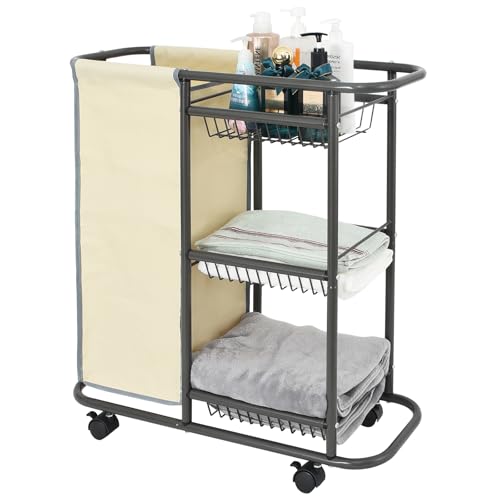 Rolling Laundry Basket with 3 Storage Baskets and 45 L Bag, Heavy Duty Laundry Cart with Wheels and Handle, Space Saving Laundry Room Organization for Bathroom Living Room Apartment Dorm - color: Beige