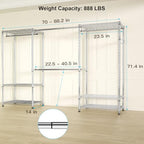 Ulif E1 Heavy Duty Closet Garment Rack, 6 Tiers Adjustable Metal Freestanding Expandable Clothing Storage with 4 Hanger Rods, Easy to Assemble Wardrobe, 71.4" H x (70" - 88.2") L x 14" D, Chrome - color: Chrome