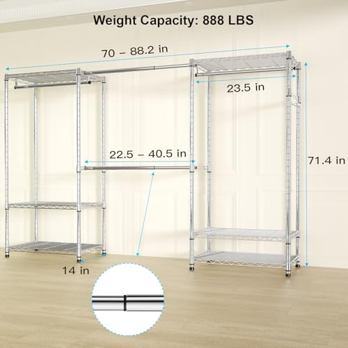 Ulif E1 Heavy Duty Closet Garment Rack, 6 Tiers Adjustable Metal Freestanding Expandable Clothing Storage with 4 Hanger Rods, Easy to Assemble Wardrobe, 71.4" H x (70" - 88.2") L x 14" D, Chrome - color: Chrome