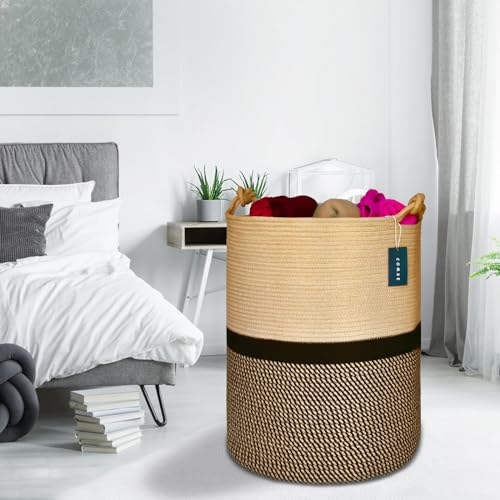 COMSE Extra Large Blanket Basket, Tall Woven Storage Basket, Nursery Hamper, 15.7”x 21.7”, Cotton Rope Laundry Hamper for Toys Clothes Towels, Blend Brown/Black - color: Blend Brown & Black