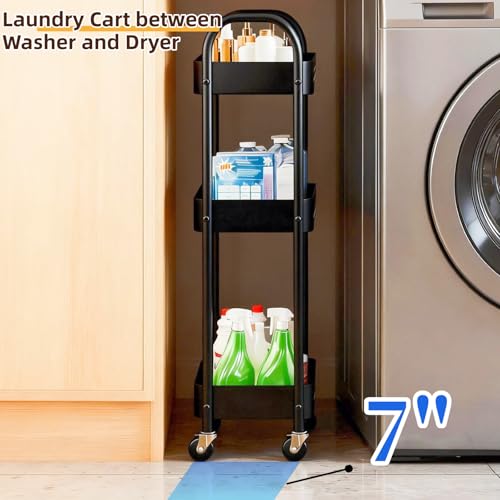 3 Tier Slim Metal Rolling Storage Cart for Laundry Room & Kitchen Organizer, 7.1'' Thin Standing Shelf for Narrow Spaces, Utility Cart with Wheels & Lockable Casters for Bathroom, Black - color: Black, size: 3 tier