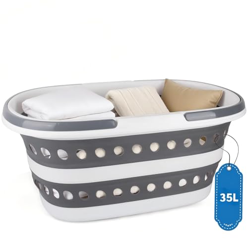 35L Laundry Basket Collapsible, Large Plastic Laundry Baskets with Wheels, Space Saving Pop-up Laundry Hampers for Clothes Storage Organizer Folding Plastic Bin for Household RV Room Organization - size: 35L