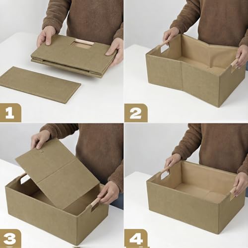 Foldable Fabric Storage Baskets Set of 2 for Shelves, Linen Decorative Storage Bins with Wooden Handles, Small Organizer Cubes for Closet, Rectangle Canvas Boxes for Organizing, Decor (Brown 2 Pack) - color: Brown 2 Pack