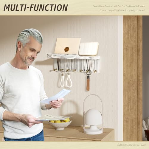 Rebee Vision Farmhouse Key Holder Wall Mount Combo - Small Key Holder for Wall with Floating Shelf & Mail Organizer Wall Mounted with 7 Hooks - Apartment Essentials (Whitewash)