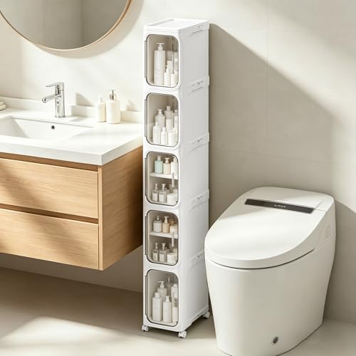 LXLXXL 5-Tier Narrow Storage Cabinet Slim Bathroom Storage Cabinet with Movable Wheels Tall Bathroom Organizer Skinny Cabinet for Small Spaces, White - color: White, size: 5-Tier