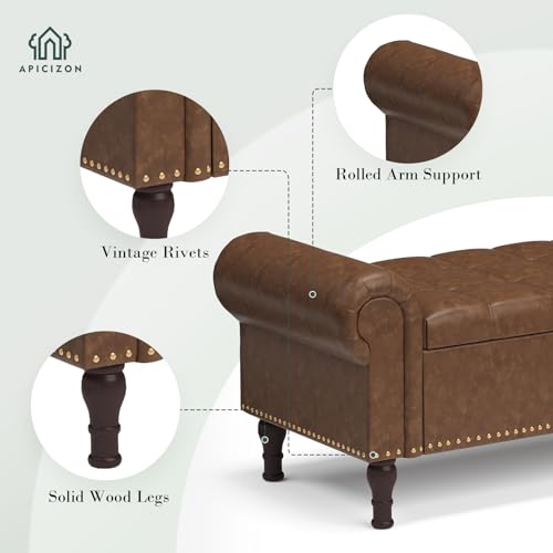 Apicizon 60” Bench with Storage, Upholstered Tufted Button Bedroom Bench with Storage, Faux Leather Ottoman Bench for Bedroom, Living Room, Entryway, Yellow Brown - color: Brown, size: 60 Inches