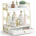Bathroom Counter Organizer with Drawer, Slim 2-Tier Vanity Countertop Storage Shelf for Skincare, Toiletries & Small Essentials (White) - color: White
