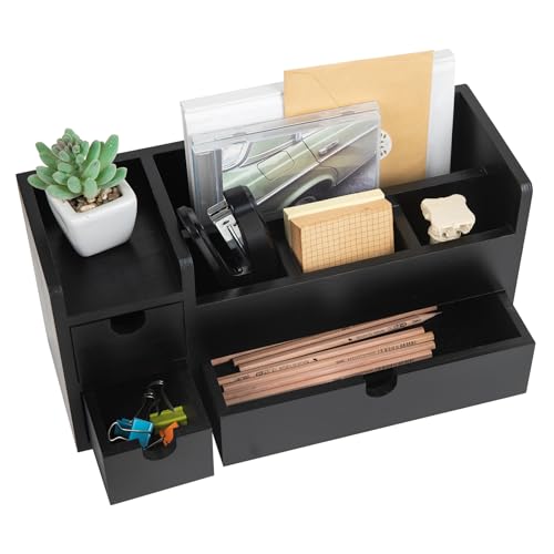 Vintage Black Wooden Desktop Organizer Removable Drawers Office Supplies Wood Storage Cabinet Caddy Box Stationery Pencil Slots Mail Holder Note Pads Accessories Home Makeup Tools Cosmetics