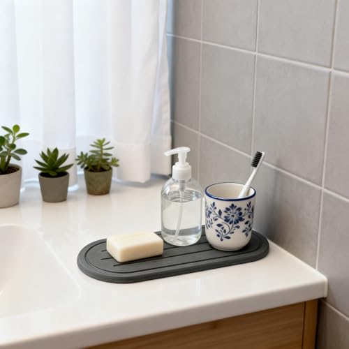 Razborci 2PCS Water Absorbing Stone Drying Tray Mat for Bathroom Sink & Kitchen Counter Faucet Organizer Decor, Quick Dry Dish Soap Dispenser Sponge Holder, Vanity Caddy Coaster,Dark Gray -10"*3.8" - color: 2pack-10"x 3.8" - Dark Gray