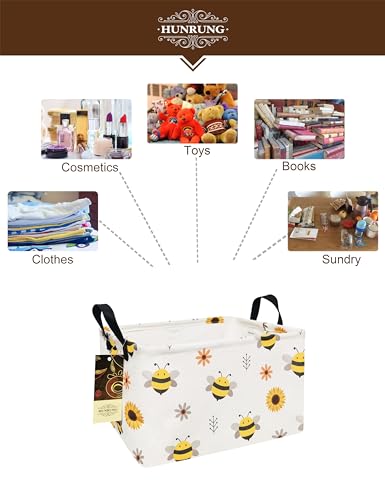 HUNRUNG Rectangle Canvas Storage Basket Foldable Waterproof Toy Organizer Bin with Handles Fabric Collapsible Storage Bins for Shelves Kids Room Playroom Nursery Clothes and Pet Supplies(REC-Bee) - color: REC-Bee