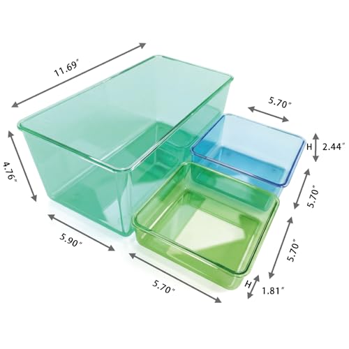 MOSSRIVER 3 Pack Clear Drawer Organizer Set, Plastic Desk Organizer Bin with Lid & Trays, Colorful Storage Box with Removable Trays for Cosmetics, Jewelry, Bedroom, Bathroom, Office, Combo 04 - color: Color 04