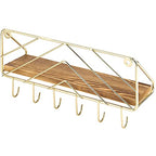 MyGift 12.5 Inch Burnt Solid Wood Hanging Display Shelf and Key Holder Rack, Wall Mounted Entryway Organizer with Brass Tone Metal Wire Chevron Design 6 Hooks