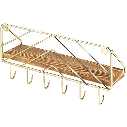 MyGift 12.5 Inch Burnt Solid Wood Hanging Display Shelf and Key Holder Rack, Wall Mounted Entryway Organizer with Brass Tone Metal Wire Chevron Design 6 Hooks