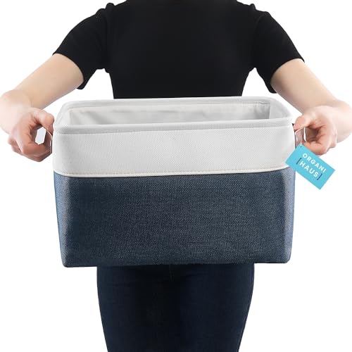 OrganiHaus Large Fabric Storage Baskets for Shelves 3 Pack, 15x11in Closet Storage Bins, Canvas Storage Bin for Organizing, Cloth Baskets, Linen Closet Organizers, Navy Blue/Off-White - color: Navy Blue / Off-White, size: Large - 3pc