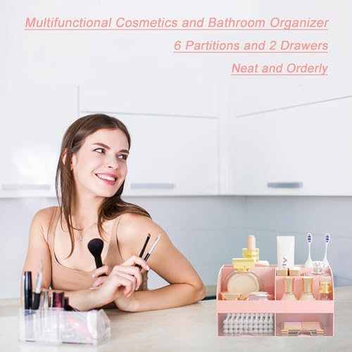 Makeup Organizer with 2 Drawers, Cosmetic Storage for Dresser Vanity and Bathroom Countertop,Make up organization and Skincare Storage with Beauty Brush Holder, Cosmetic Display Case (Pink) - color: Pink