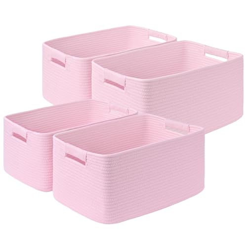 4 Pack Large Storage Basket for Organizing, 17.5"x13"x7" Woven Basket for Shelves, Closet Cube Storage Bins with Wrapped Handle, Cotton Rope Baskets for Kitchen, Clothes, Toys(Light Pink) - color: Light Pink, size: 4 Pack