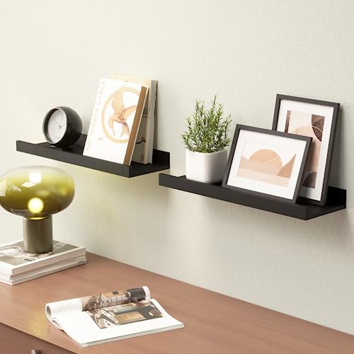 Boswillon Floating Shelves Wall Mounted Set of 2, Modern Black Wall Shelves for Storage with Lip, Display Picture Ledge Shelf for Wall Decor Bedroom Living Room Bathroom Kitchen - color: Black, size: 15.7 In