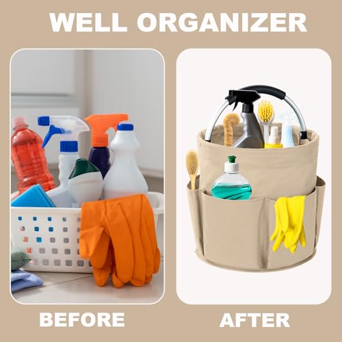 Cleaning Caddy with Handle, 17L Foldable Cleaning Supplies Organizer, Portable Storage Basket, Cleaning Supply Caddy, Multifunctional Cleaning Bucket Bag for Garden, Home, Kitchen (Khaki) - color: Khaki